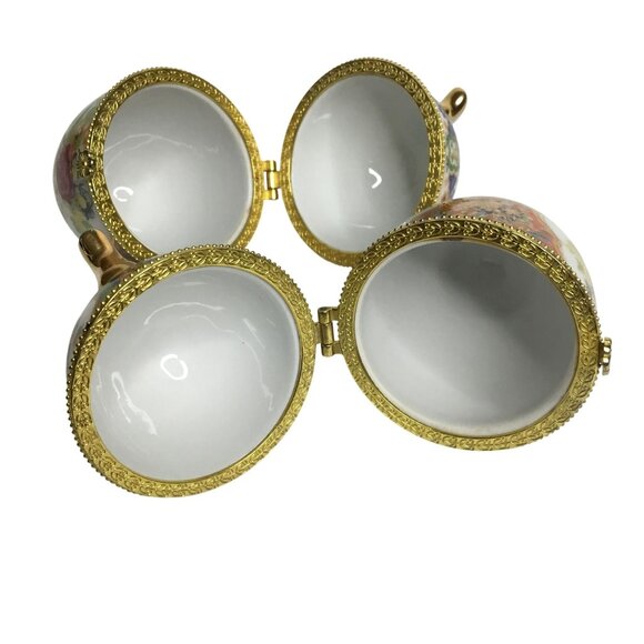 VTG Porcelain Egg Trinket Boxes Pair Floral Gilt Hinged Gold Tripod Stand 4" - Picture 6 of 10